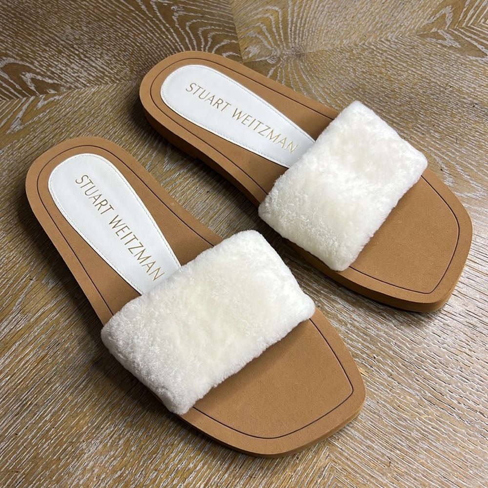 STUART WEITZMAN White Furry Slide Sandals 7.5